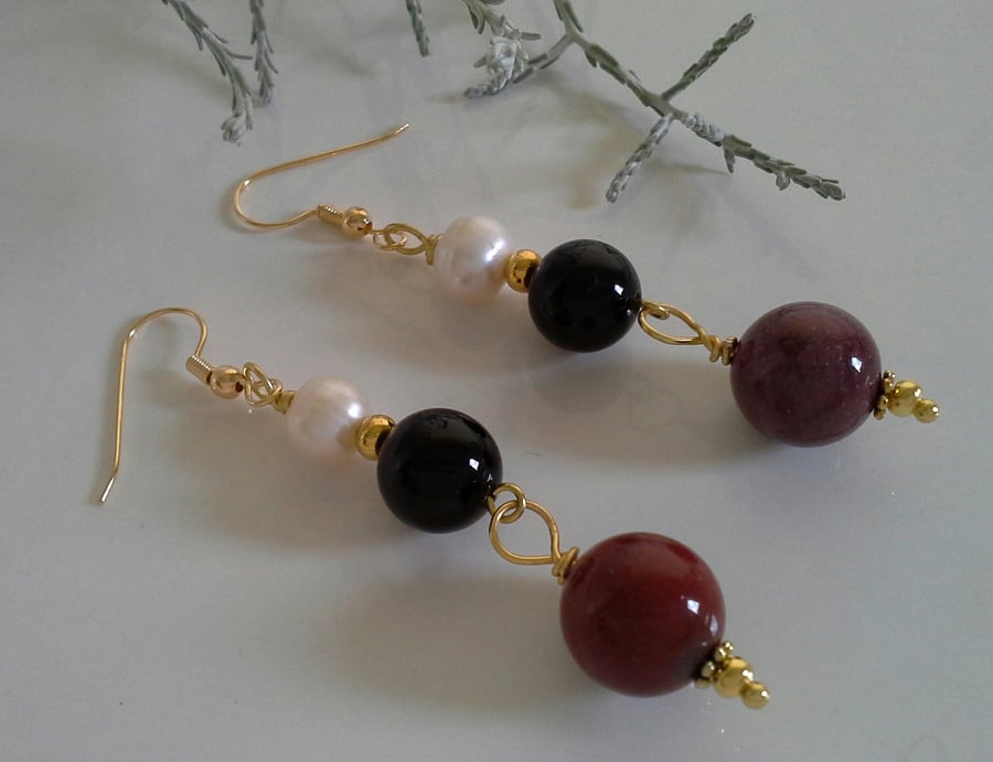 Freshwater Pearl, Agate,  mookite Gold Plated Earrings