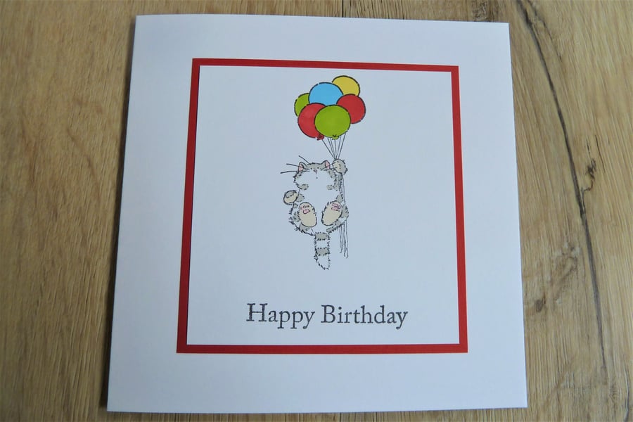 cat with balloons, happy birthday card