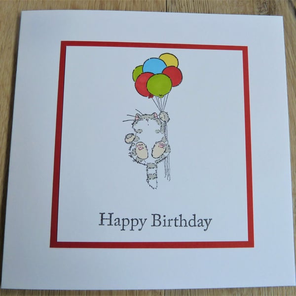cat with balloons, happy birthday card
