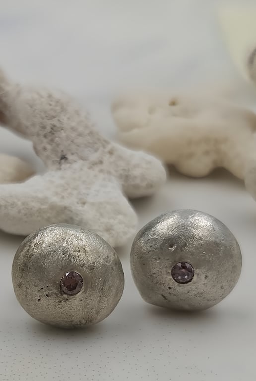 Molten Sterling Silver Stud Earrings with Pink Cubic Zirconia