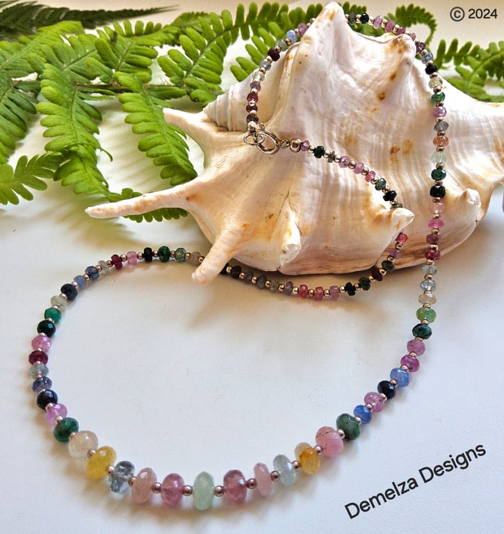 Designer Ombre Faceted Sapphire, Emerald & Ruby Necklace 925 Sterling Silver