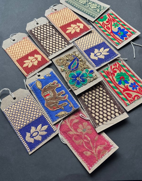 Sari embellished Kraft gift tags