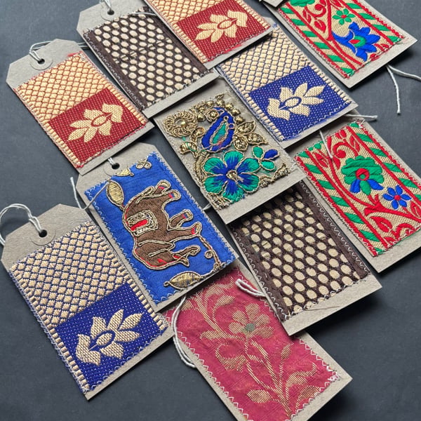 Sari embellished Kraft gift tags
