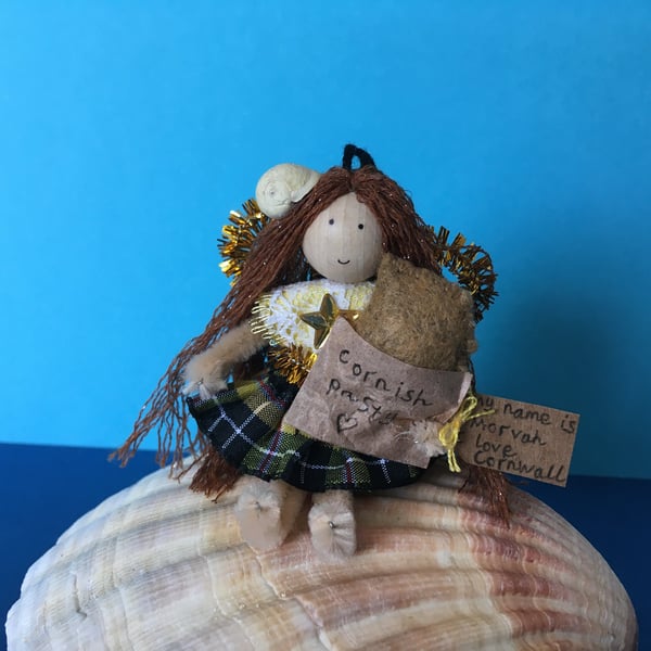 Tiny Cornish Tartan Fairy Doll Decoration, Cornish Pasties, Cornwall Gifts