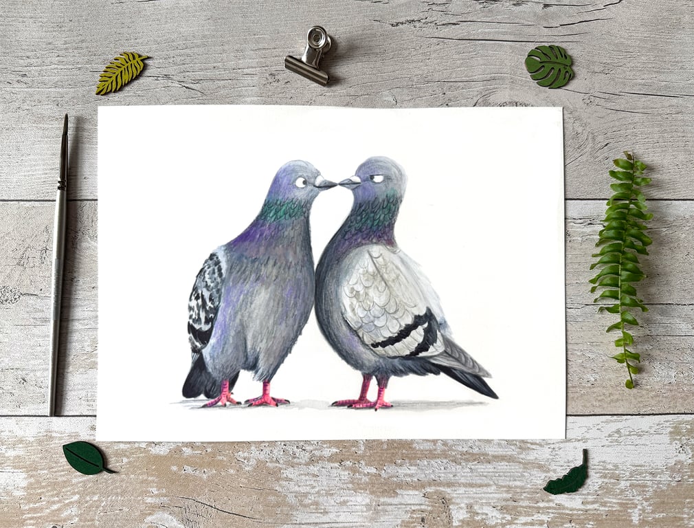 Original Pigeons Painting - Gouache painting - One of a kind