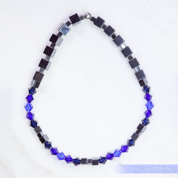 Swarovski and Hematite stretch beaded bracelet blue black