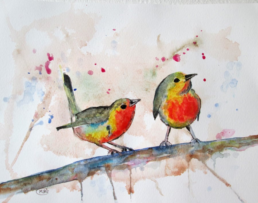 Garden Birds on branch. Original watercolour painting