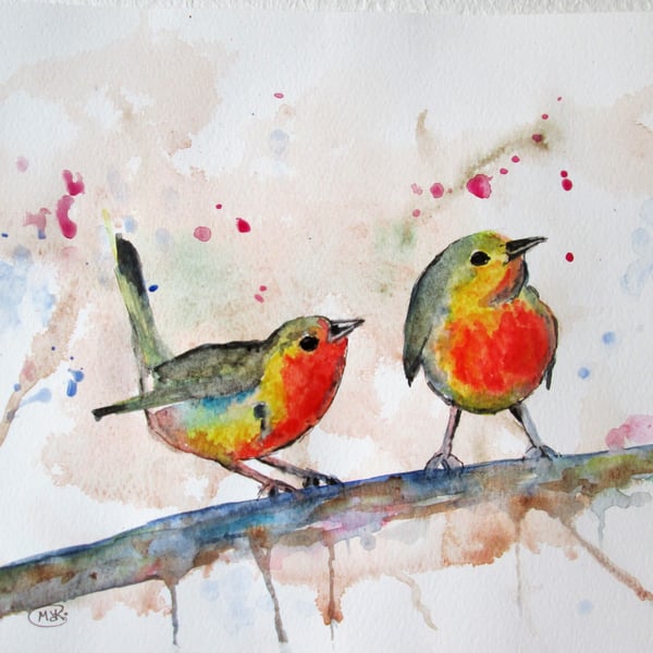 Garden Birds on branch. Original watercolour painting