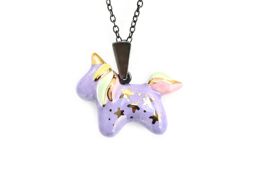 Unicorn necklace in purple rainbow and gold stars