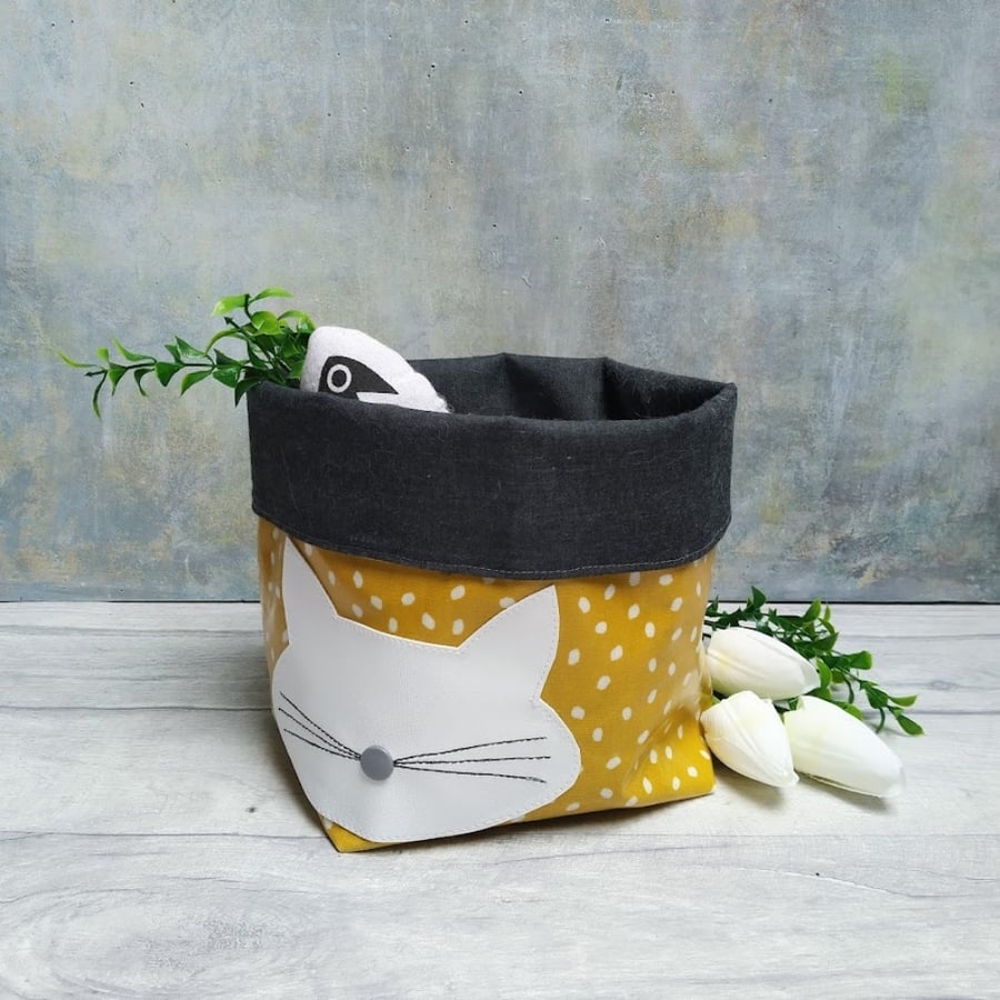 Cat Motif Mustard Oilcloth Storage Basket