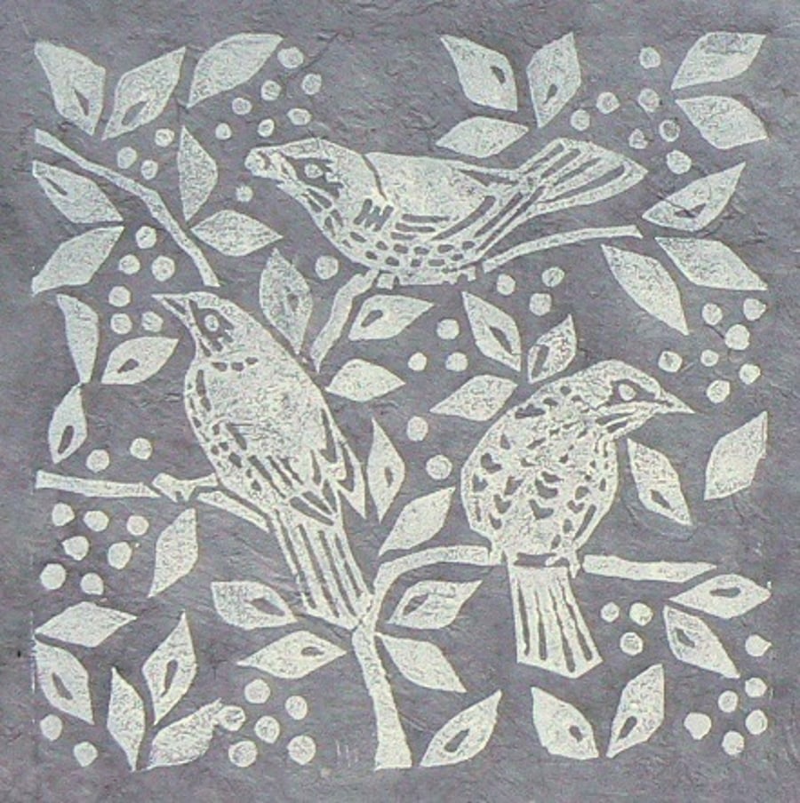 Fieldfares linocut print