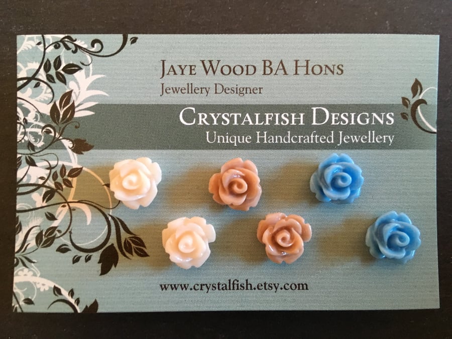 Rose earring trio Powder blue, ivory and coffee