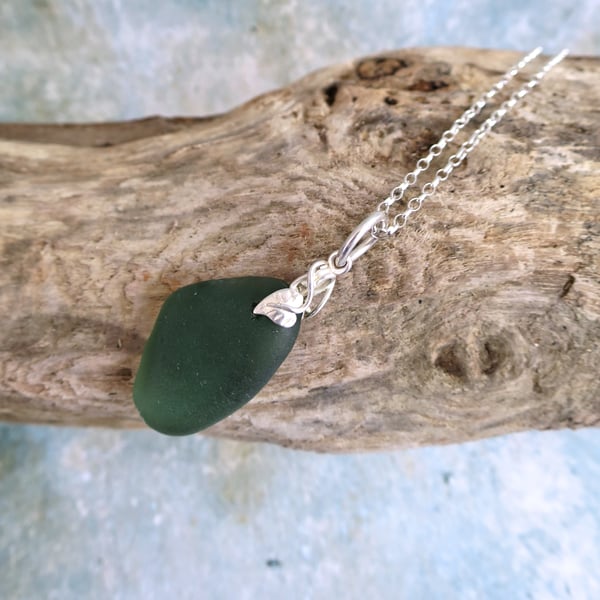 Green Sea Glass Pendant, Sterling Silver Necklace, Mothers Day Gift