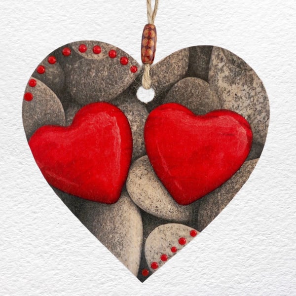 Decoupaged Wooden Hanging Heart 15cm (6 ): Pebbles design