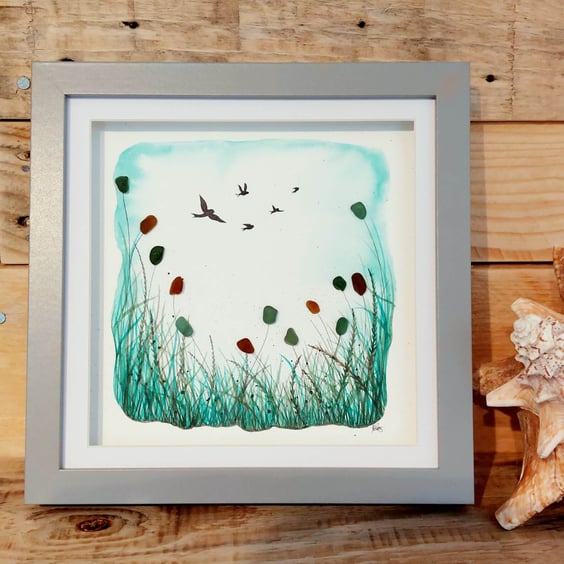 Original Wild Flower Meadow Watercolour Art - Sea Glass Picture, Home Decor
