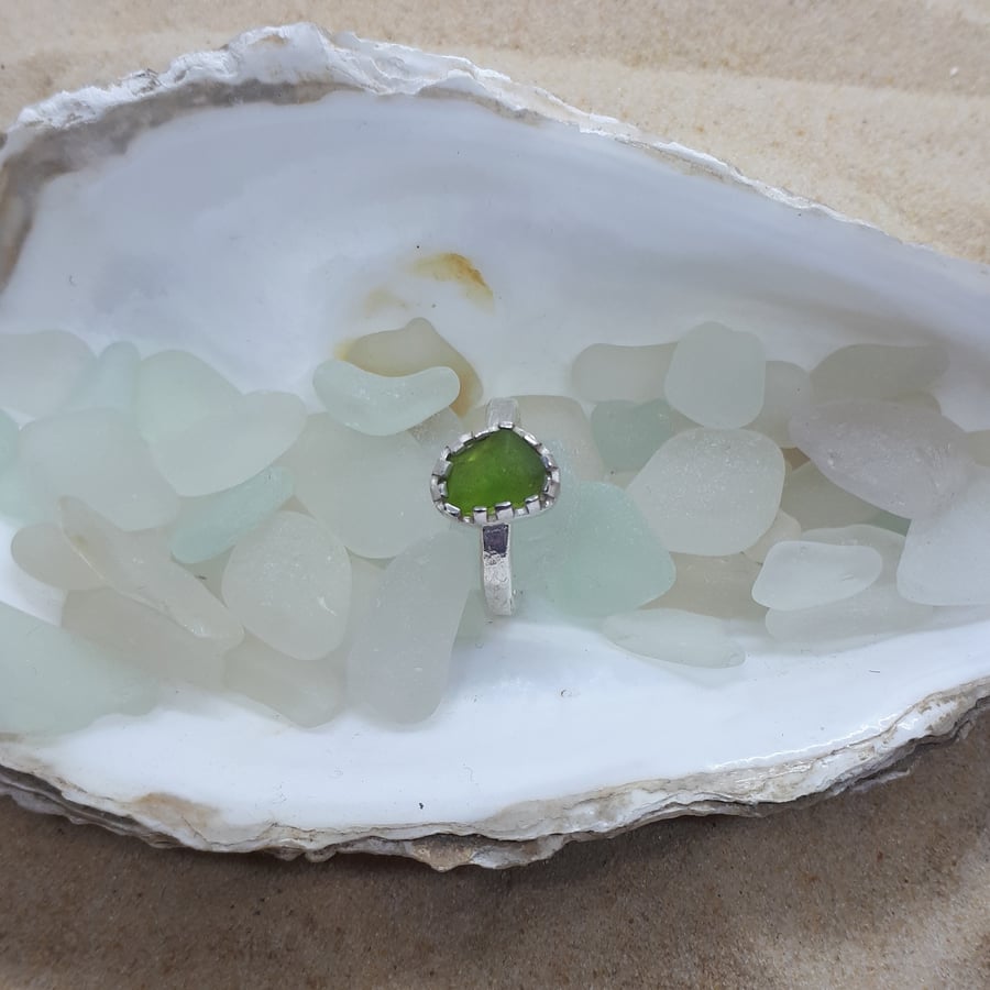 Lime green sea glass ring 