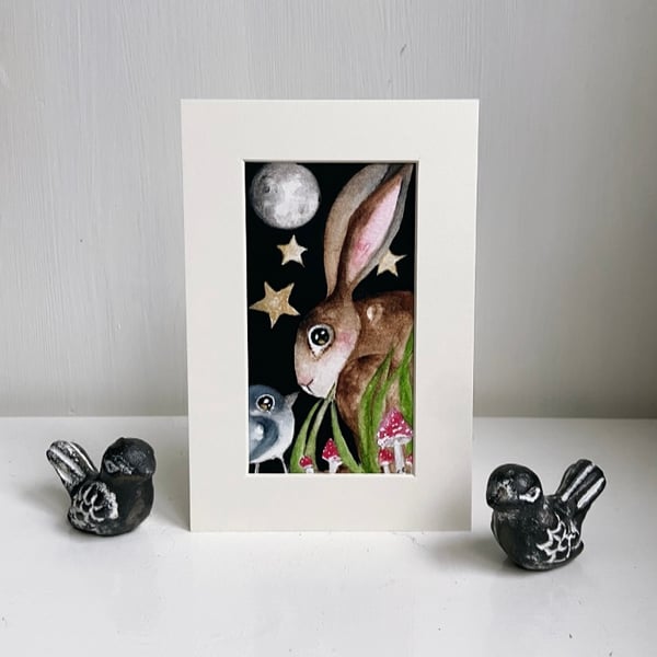 Original Whimsical Hare Rabbit with Bird under the Moon and Stars Watercolour 