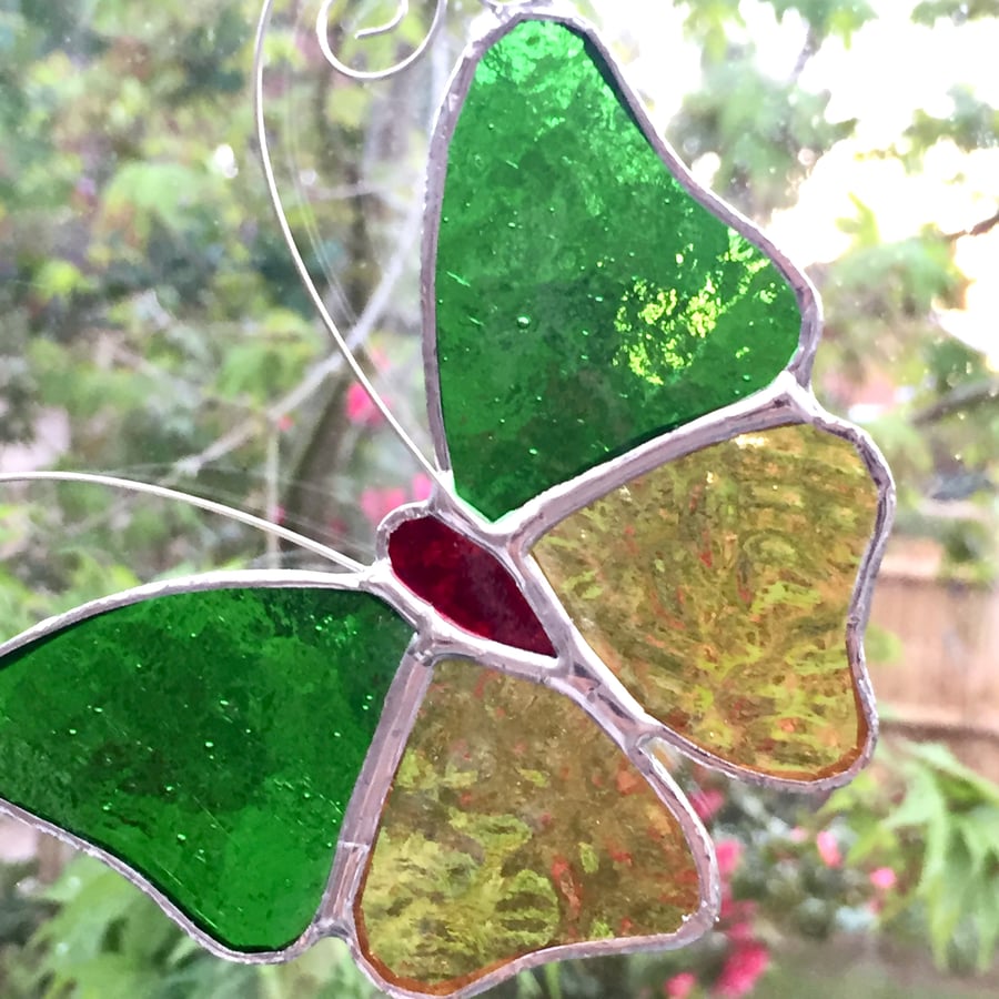 Stained Glass Butterfly Suncatcher - Handmade Decoration - Green Amber
