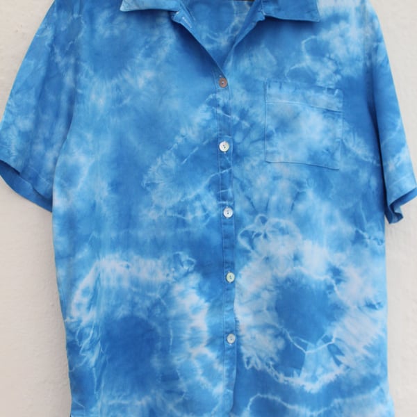 Vintage 90's reworked blue and white tie dye blouse, Eco unique unisex shirt