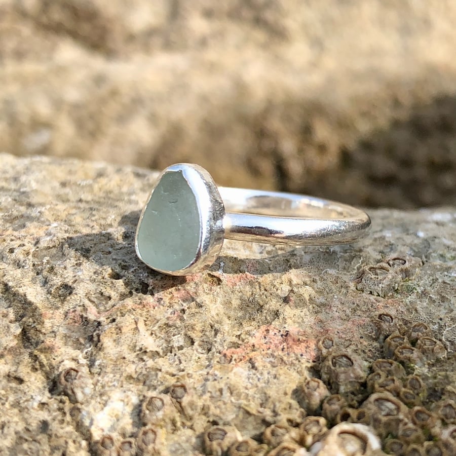 Pale Seafoam Green Sea Glass and Sterling Silver Ring Size M - 1034