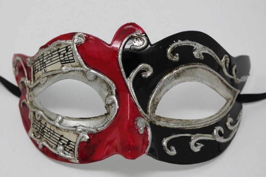 Red, Black and Silver Musical Masquerade Mask for Masked Ball