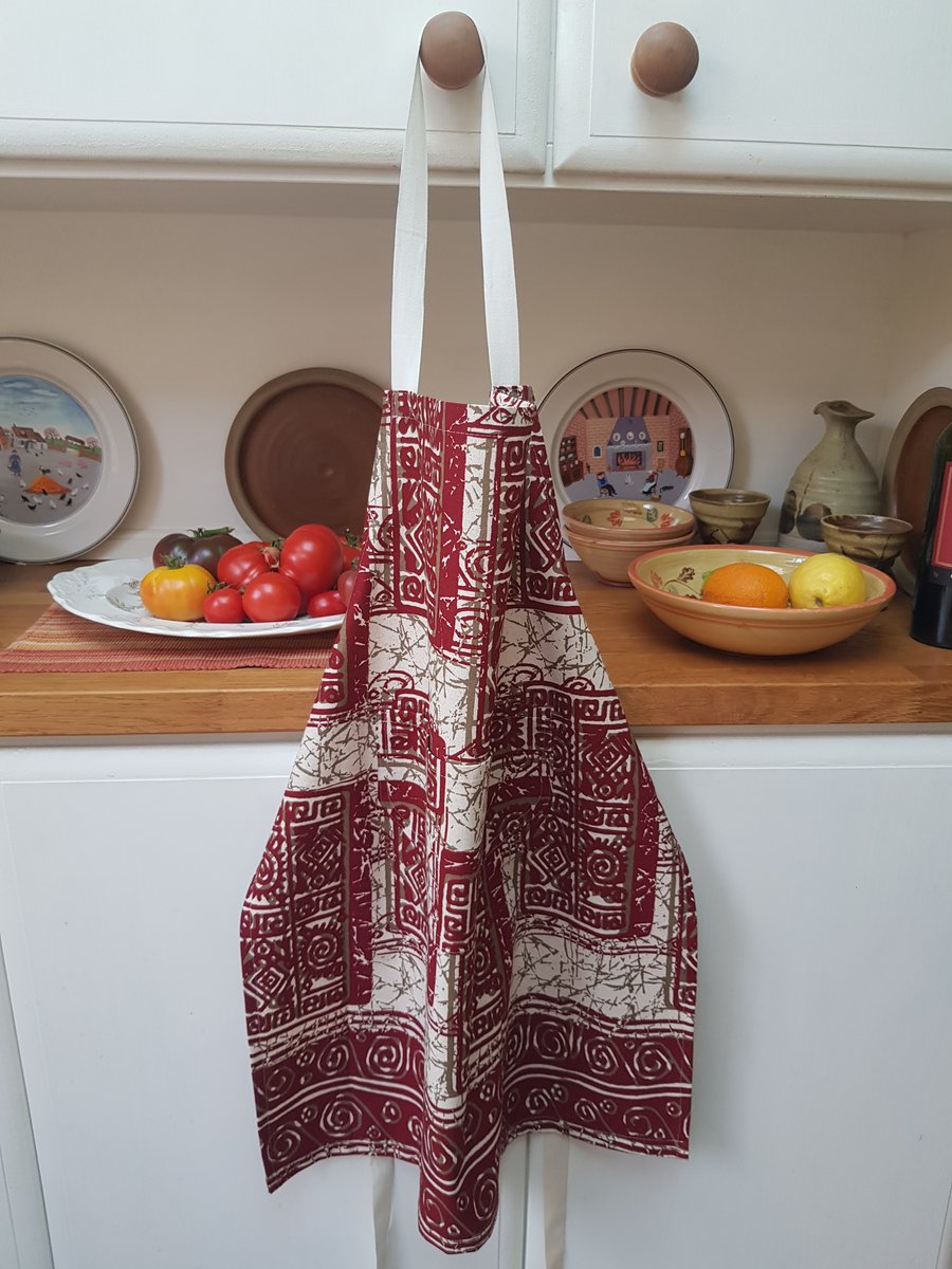 Kitchen apron: African geometric design in burgundy & cream