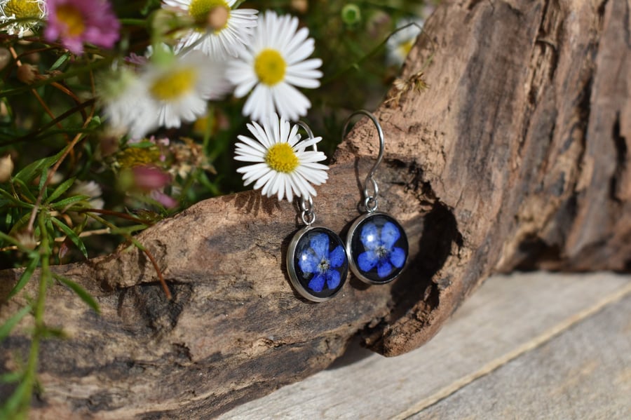 Blue Flower Resin Earrings, 304 Stainless Steel, Made in Scotland