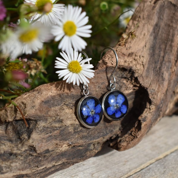 Blue Flower Resin Earrings, 304 Stainless Steel, Made in Scotland
