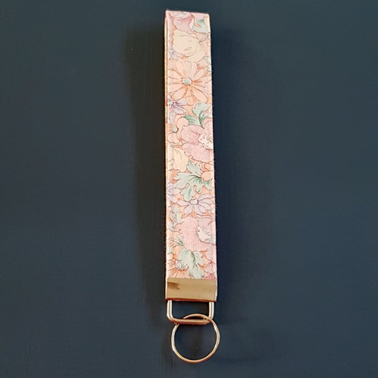 Handmade Pastel Pink Floral Wristlet Keyring - Fabric Keyfob