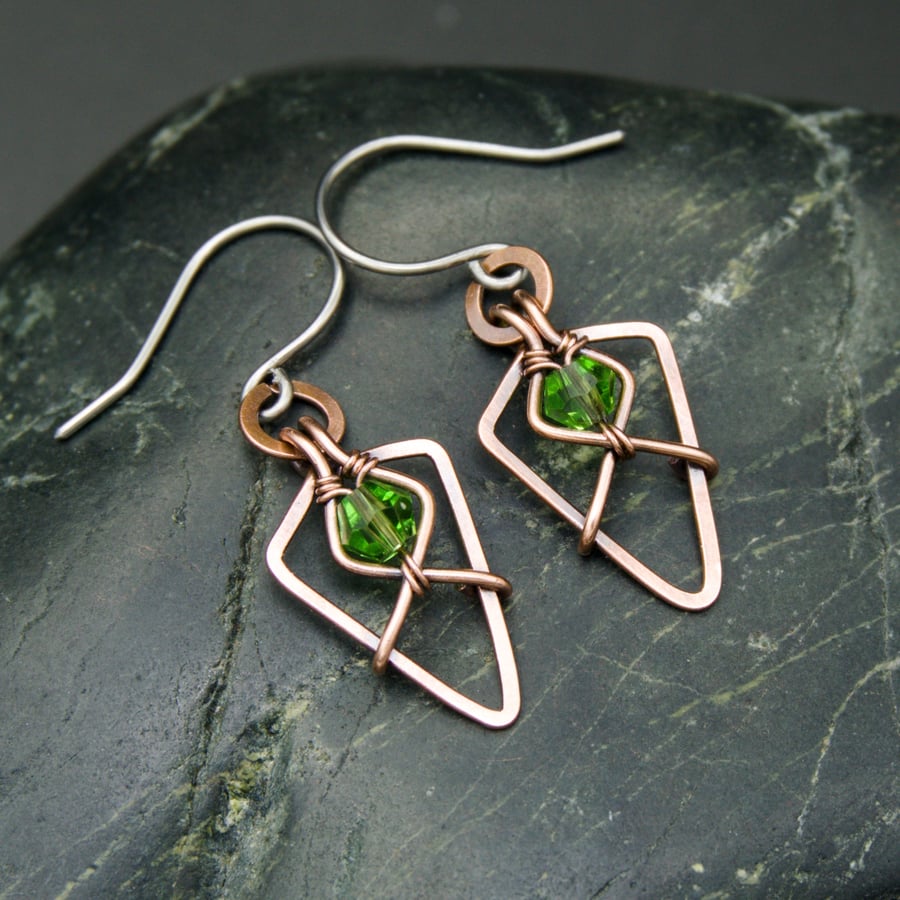 Hammered Copper Arrowhead Earrings with Faceted Light Green Glass Beads