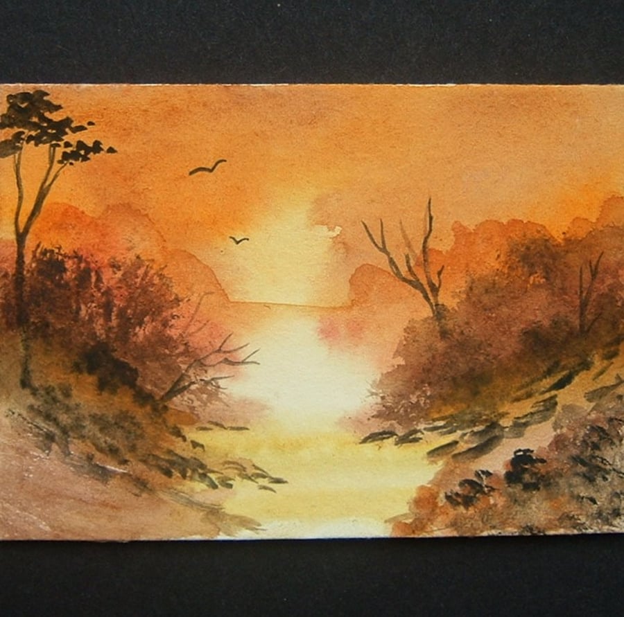 autumn art painting aceo watercolour sunset ref 278