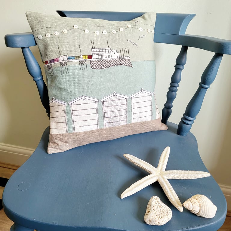 Beach Hut & Pier Cushion with Freemotion Sewn Applique