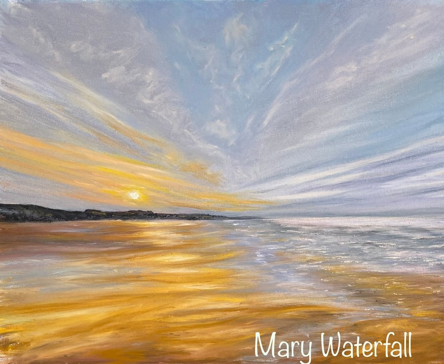 Sea and Sunset Painting, Bamburgh, Northumberland, Original Framed Painting