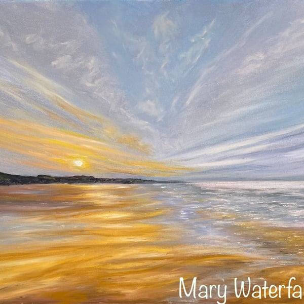 Sea and Sunset Painting, Bamburgh, Northumberland, Original Framed Painting