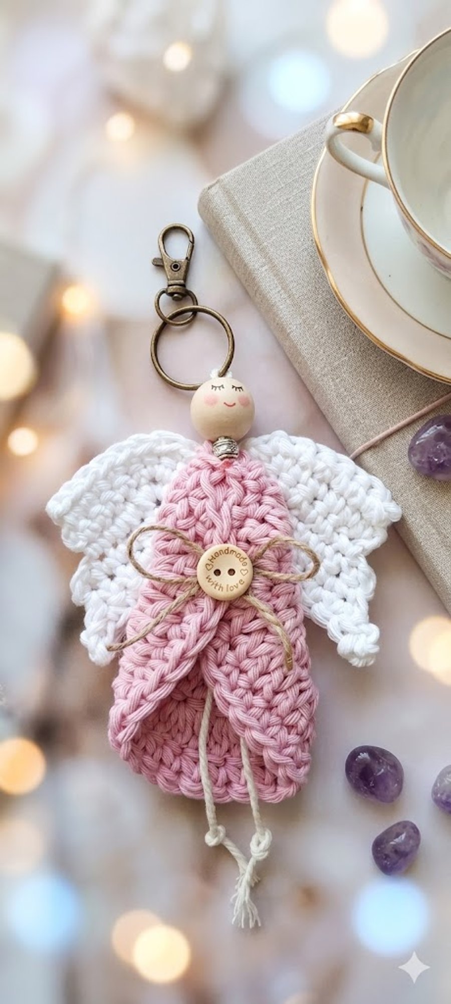 Crocheted Angel Bag Charm Pink Wings Keychain, Cotton Pocket Hug Keepsake