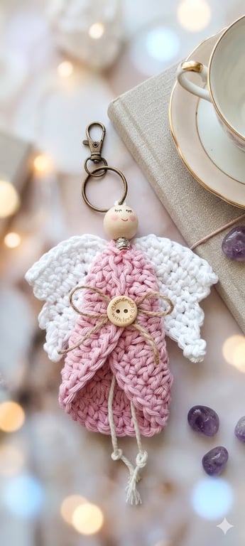 Crocheted Angel Bag Charm Pink Wings Keychain, Cotton Pocket Hug Keepsake