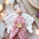 Crocheted Angel Bag Charm Pink Wings Keychain, Cotton Pocket Hug Keepsake