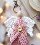 Crocheted Angel Bag Charm Pink Wings Keychain, Cotton Pocket Hug Keepsake