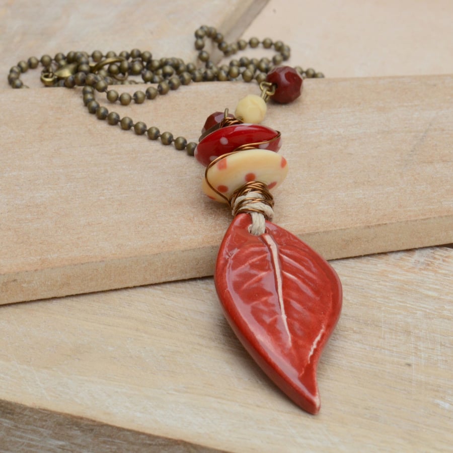 Red Ceramic Leaf Pendant Necklace with Lampwork Glass Discs and Ball Chain