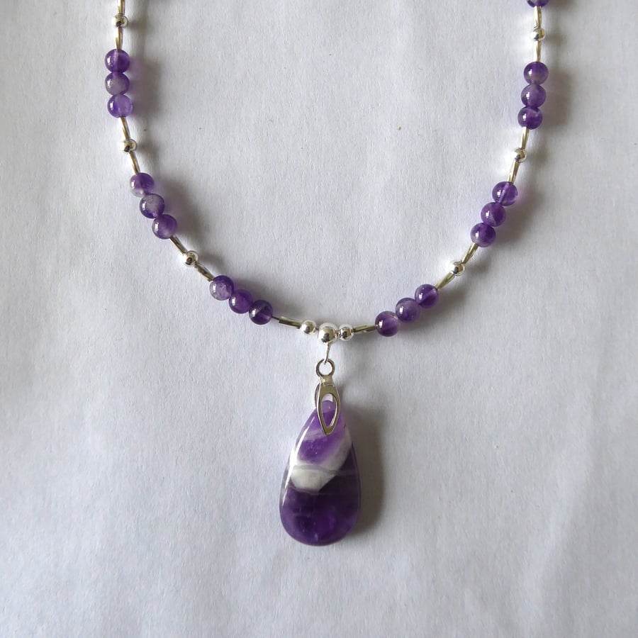 Chevron Amethyst Necklace with fine and Sterling Silver - February Birthstone