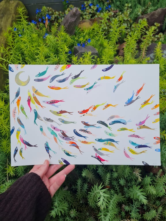 Original colourful fish watercolour painting, to the moon
