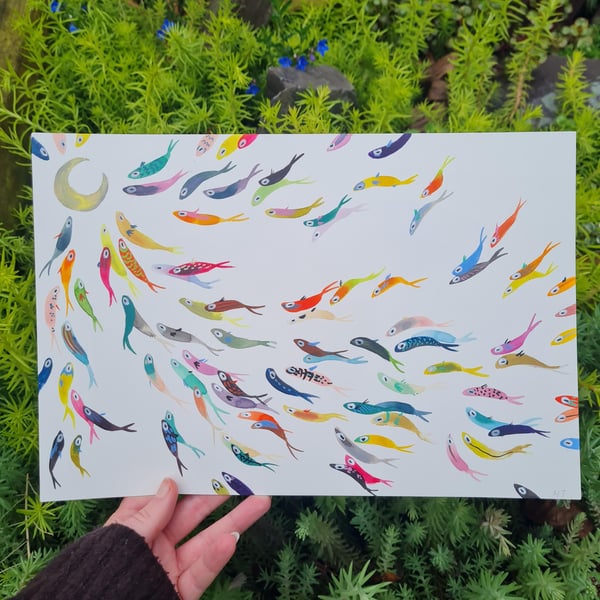Original colourful fish watercolour painting, to the moon