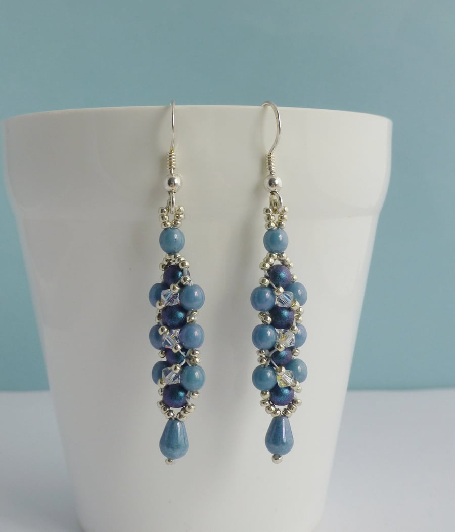 Long Blue Glass Beaded Drop Earrings with Crystals