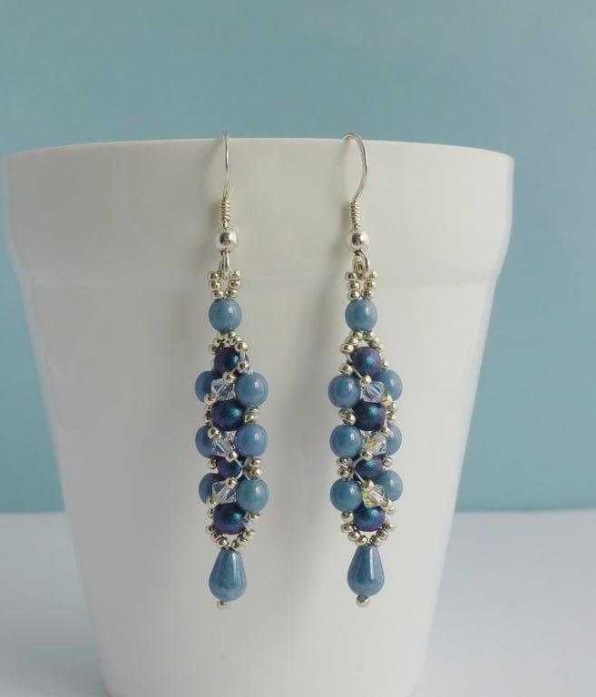 Long Blue Glass Beaded Drop Earrings with Crystals