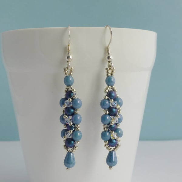 Long Blue Glass Beaded Drop Earrings with Crystals