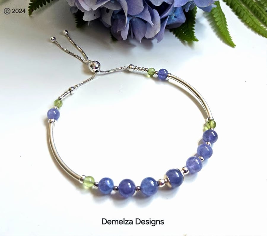 Image of AA Tanzanite & Peridot Bangle Style Sterling Silver Bracelet 