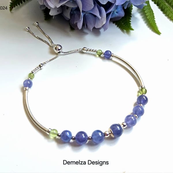 AA Tanzanite & Peridot Bangle Style Sterling Silver Bracelet 