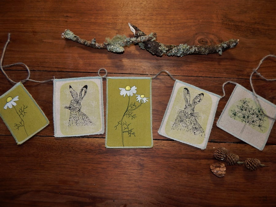 Hare and wild flowers wall hanging 84cm- Screen printed Bunting