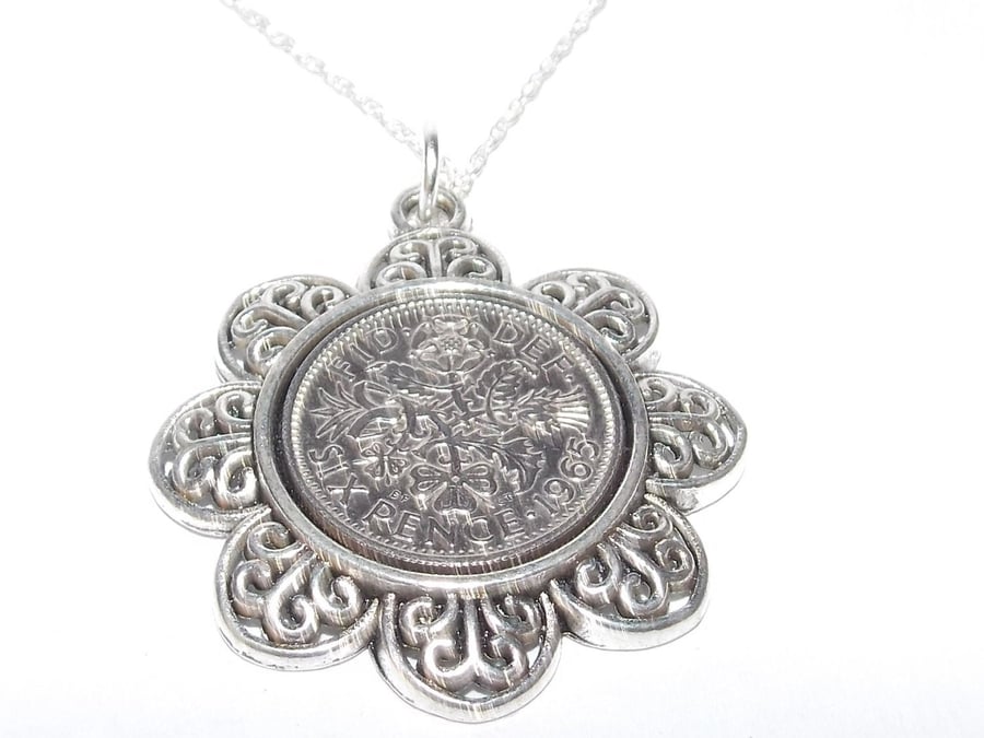 Floral Pendant 1965 Lucky sixpence 56th Birthday plus a Sterling Silver 18in Cha