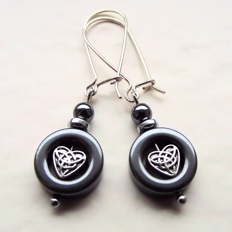 Seconds Sunday Earrings round black haematite Celtic heart sterling silver